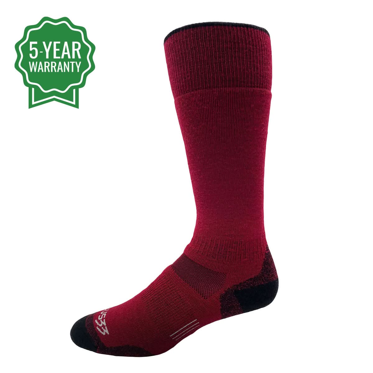 Over the calf wool mountain heritage socks in maroon, teal, black, and grey colors.