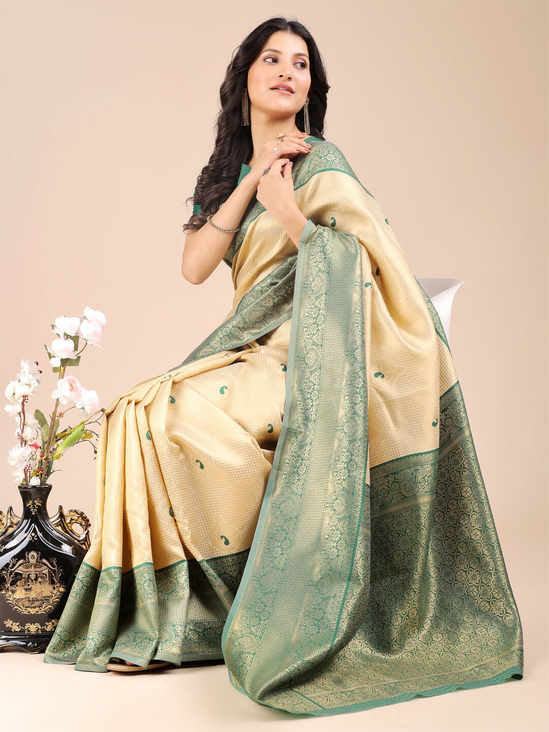 Aura Silk Cream and Green Banarasi Silk Saree