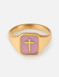 Close up of a Lilac Enamel Cross Ring on a hand, featuring delicate craftsmanship and a minimalist spiritual design.