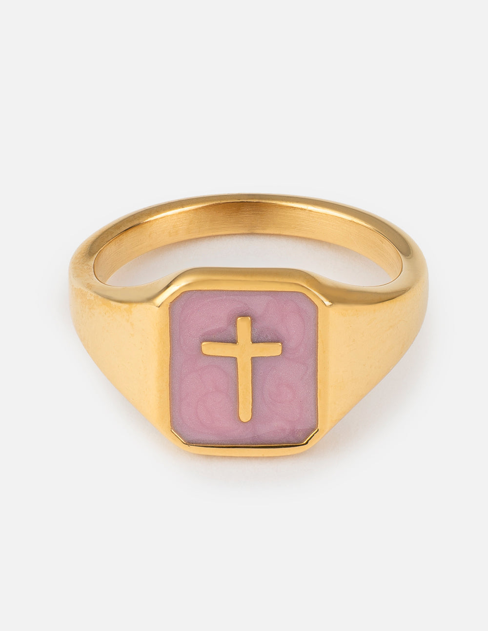 Close up of a Lilac Enamel Cross Ring on a hand, featuring delicate craftsmanship and a minimalist spiritual design.