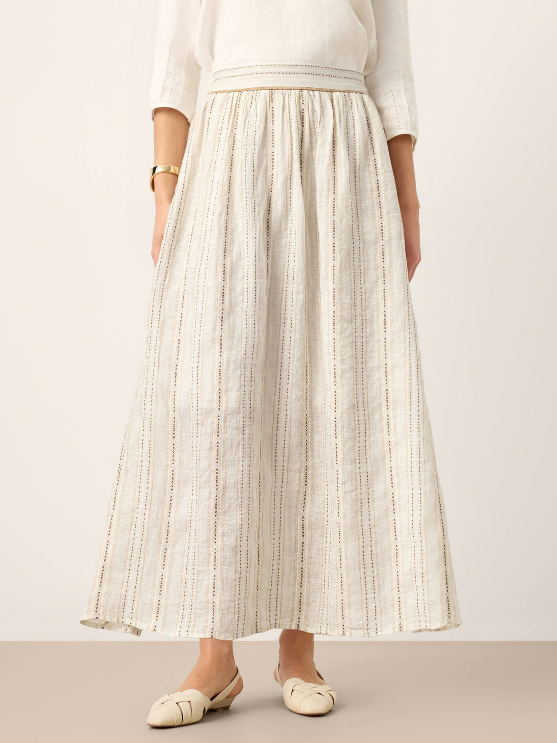 Linen Striped Contrast Trim A-Line Bohemian Skirt with Lining ISMERIE