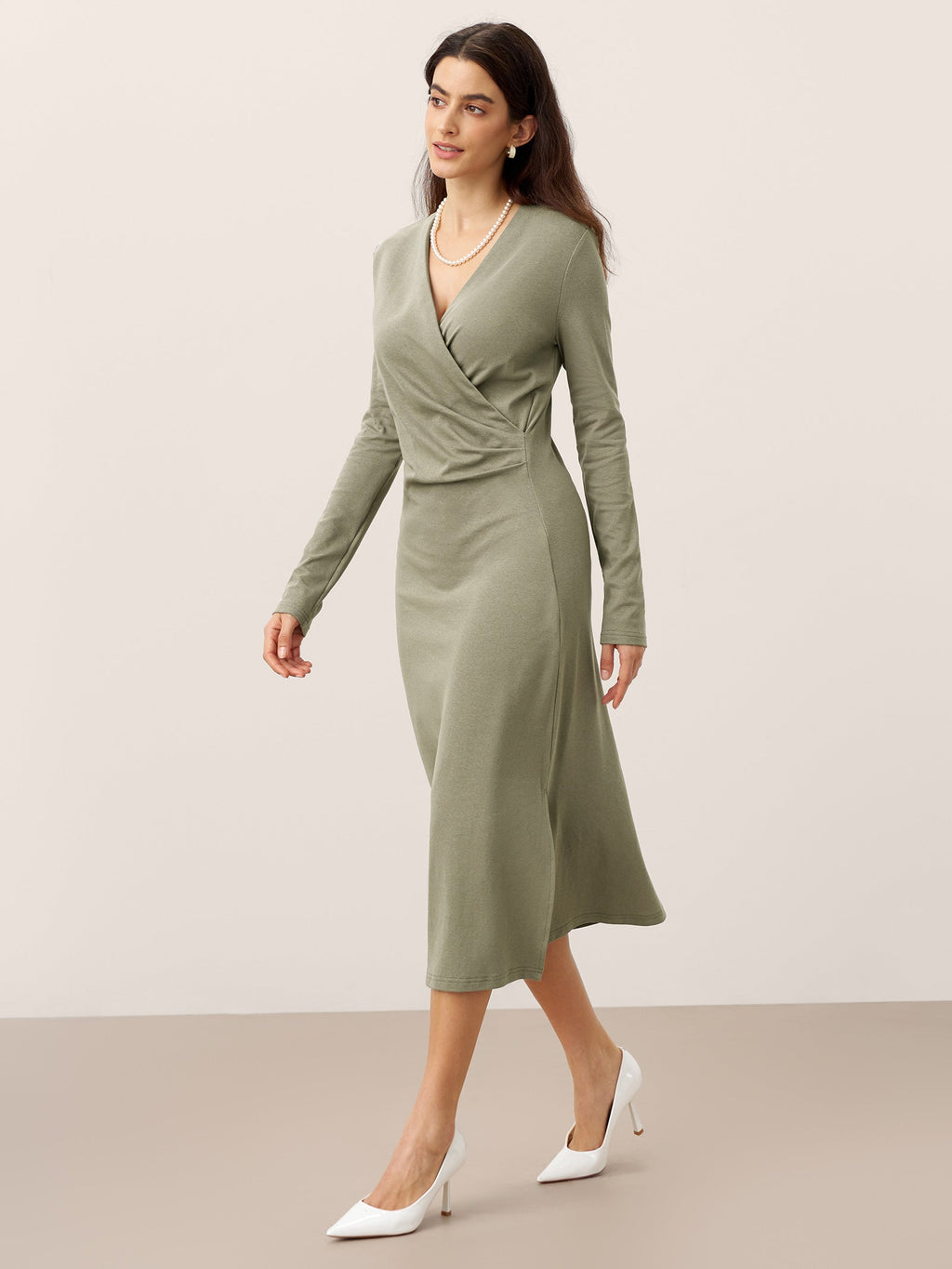 Crossover V-Neck Wrap Stretch Midi Dress MARNIE