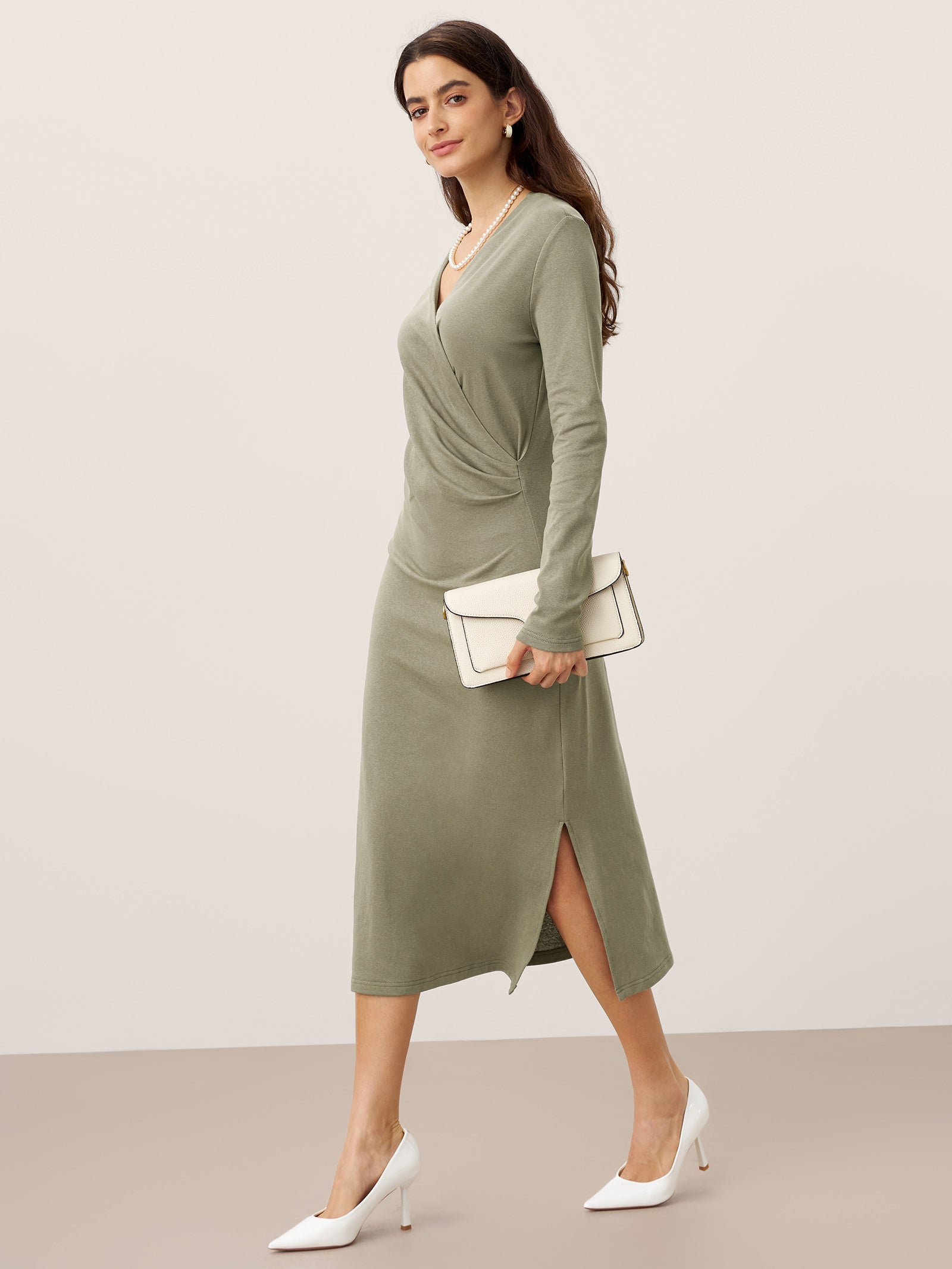 Crossover V-Neck Wrap Stretch Midi Dress MARNIE