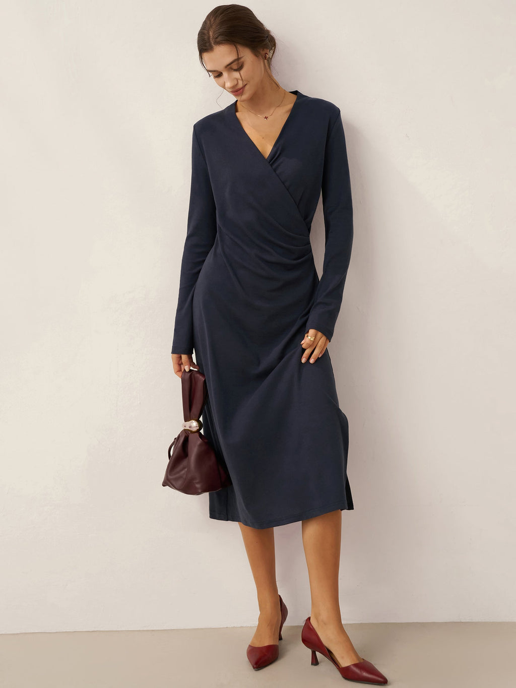 Crossover V-Neck Wrap Stretch Midi Dress MARNIE
