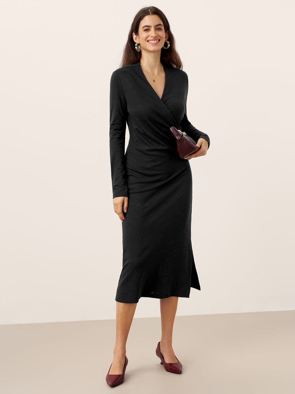 Crossover V-Neck Wrap Stretch Midi Dress MARNIE