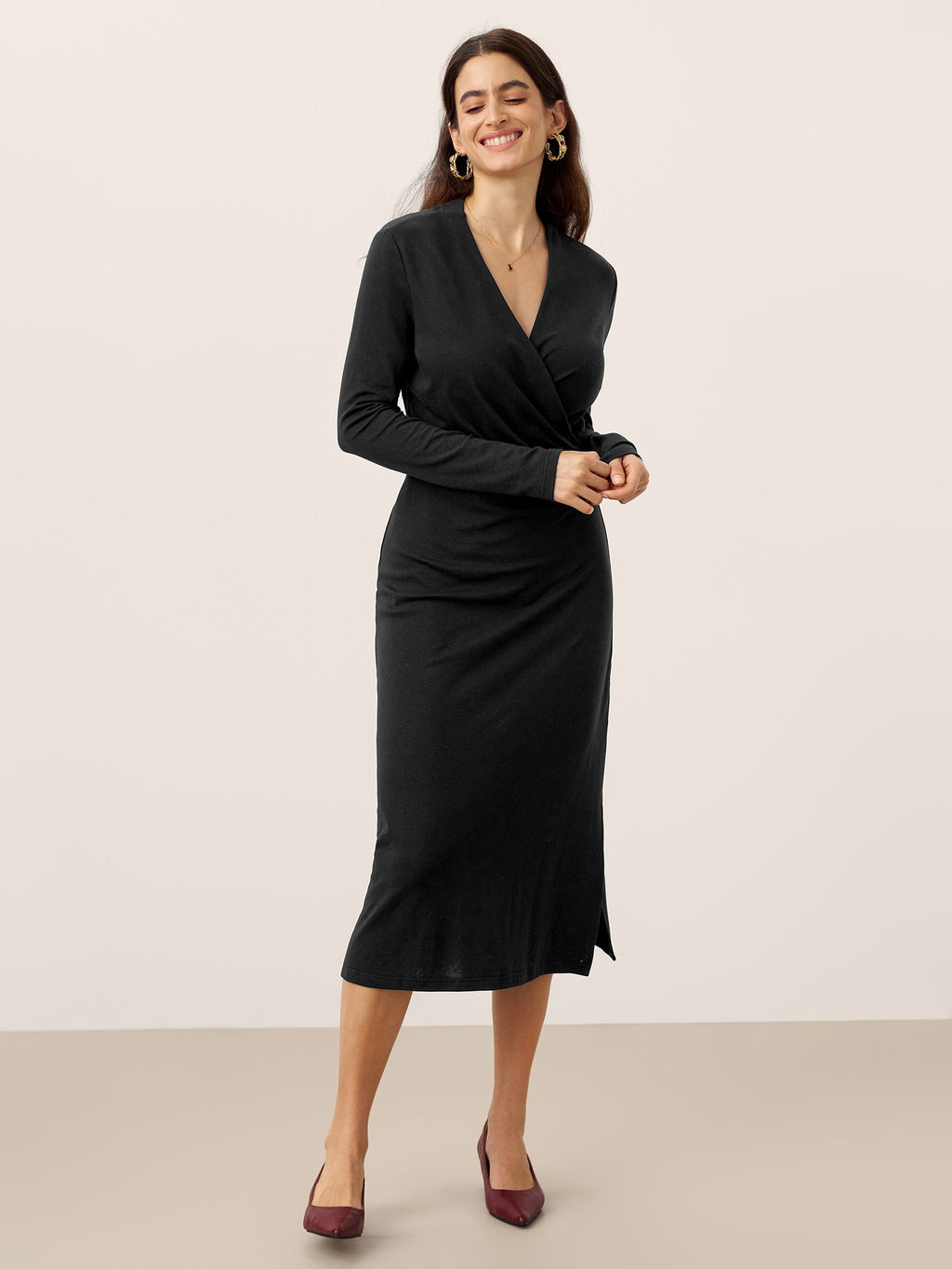 Crossover V-Neck Wrap Stretch Midi Dress MARNIE