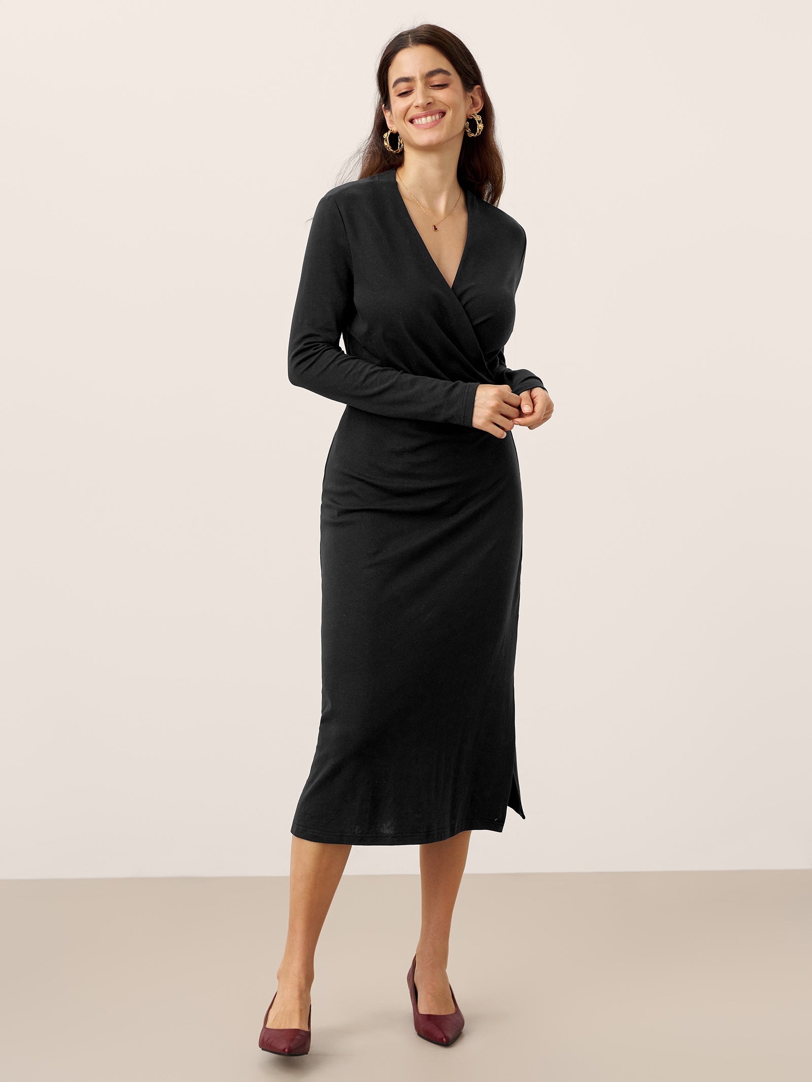 Crossover V-Neck Wrap Stretch Midi Dress MARNIE