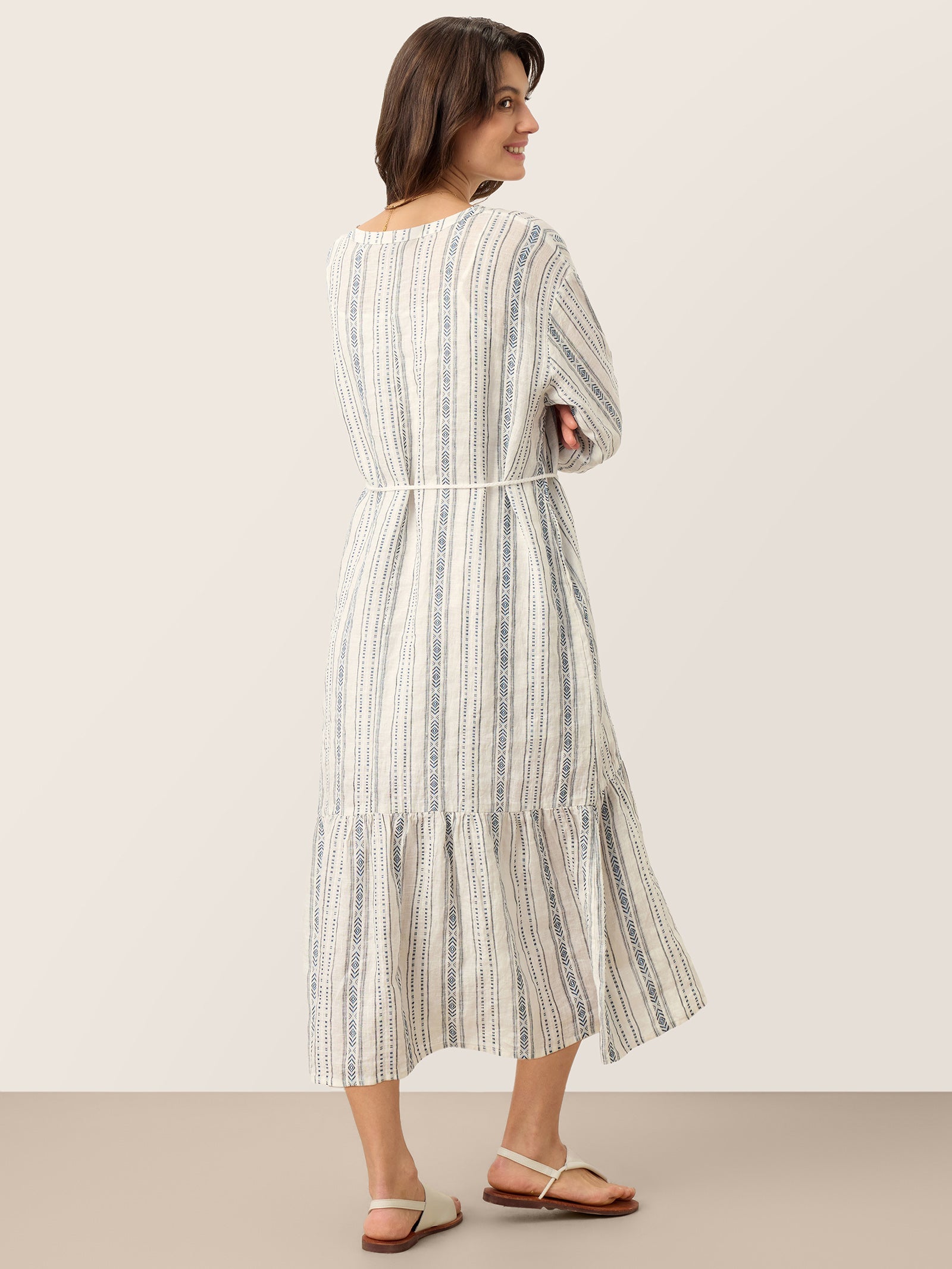 Linen Tribal Stripe Split Neck Bohemian Ruffle Maxi Dress with Woven Belt and Slip MARLOWE