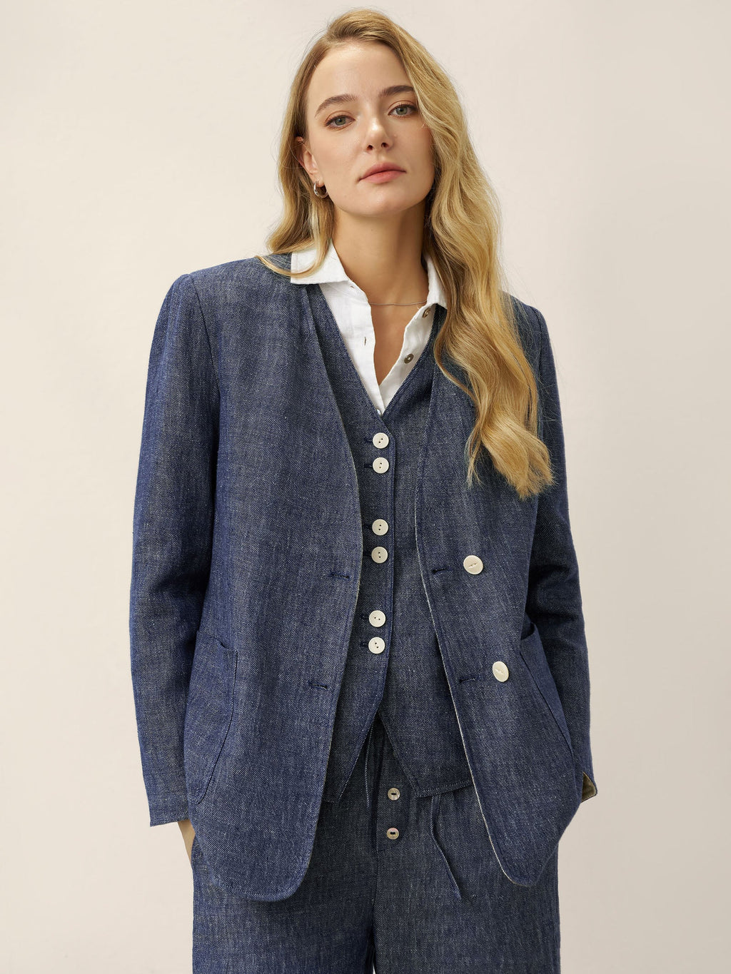 Linen Reversible Denim Texture V Neck Jacket ELLIE