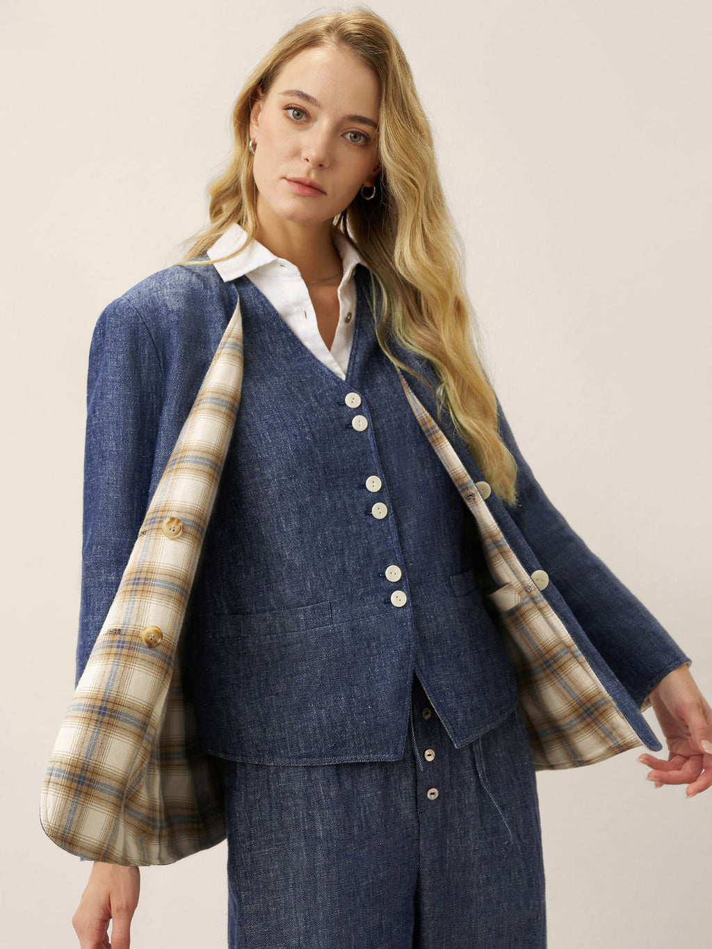 Linen Reversible Denim Texture V Neck Jacket ELLIE