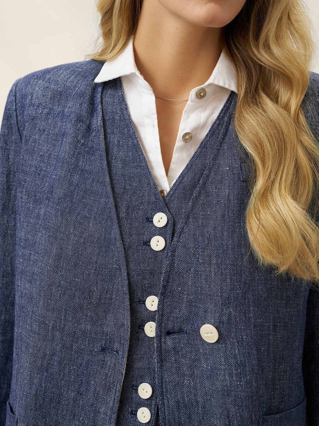 Linen Reversible Denim Texture V Neck Jacket ELLIE