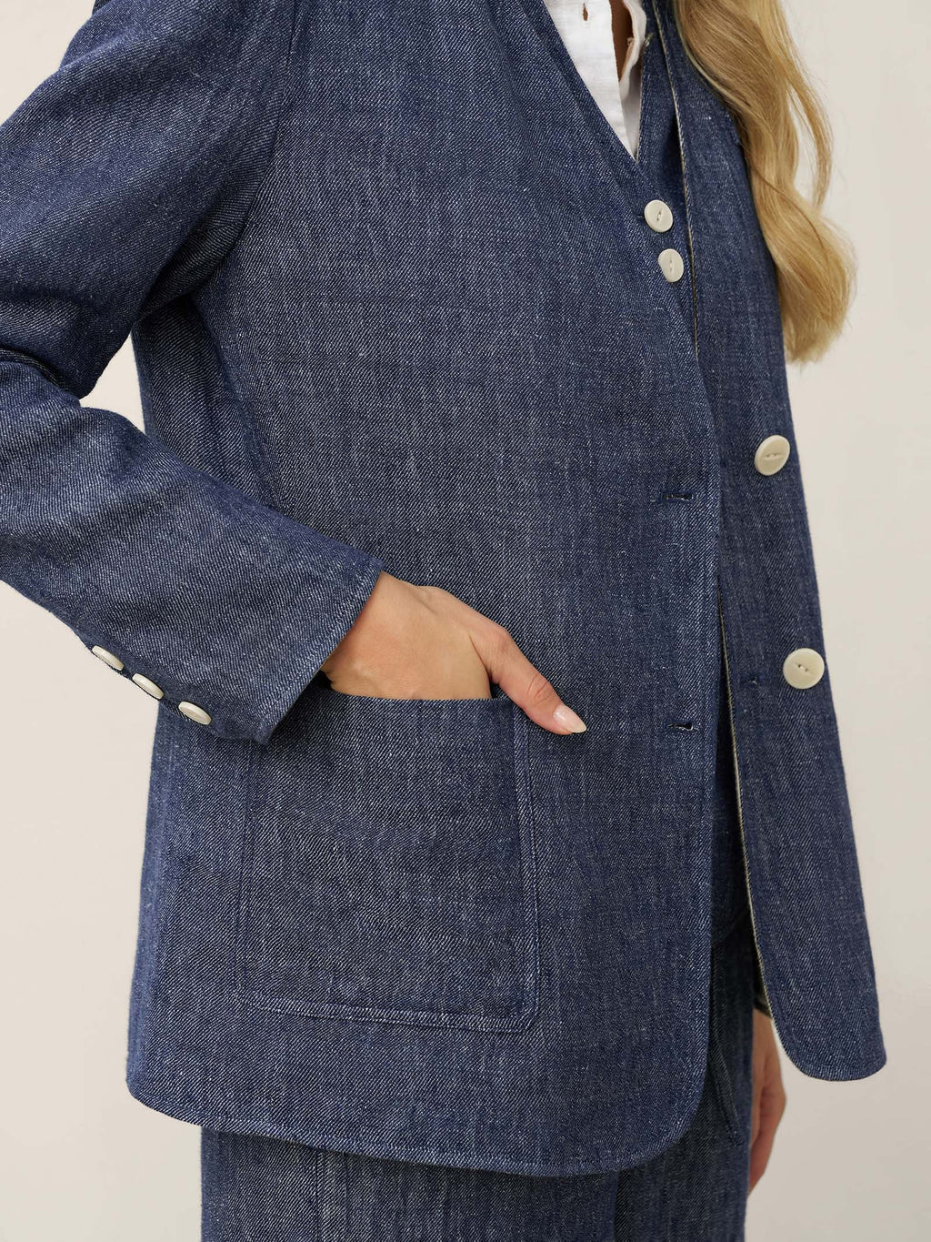 Linen Reversible Denim Texture V Neck Jacket ELLIE