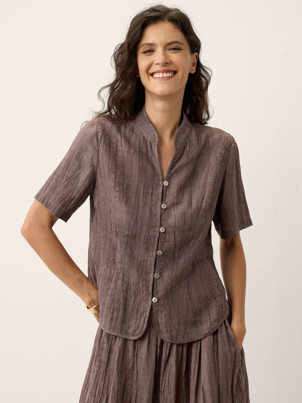 Linen Textured Stand Collar Shirt Jacket PHILIPPA