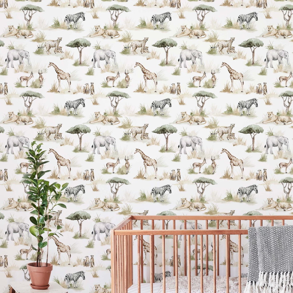 Lionel Safari Wallpaper in Green and Brown Whimsical Nursery