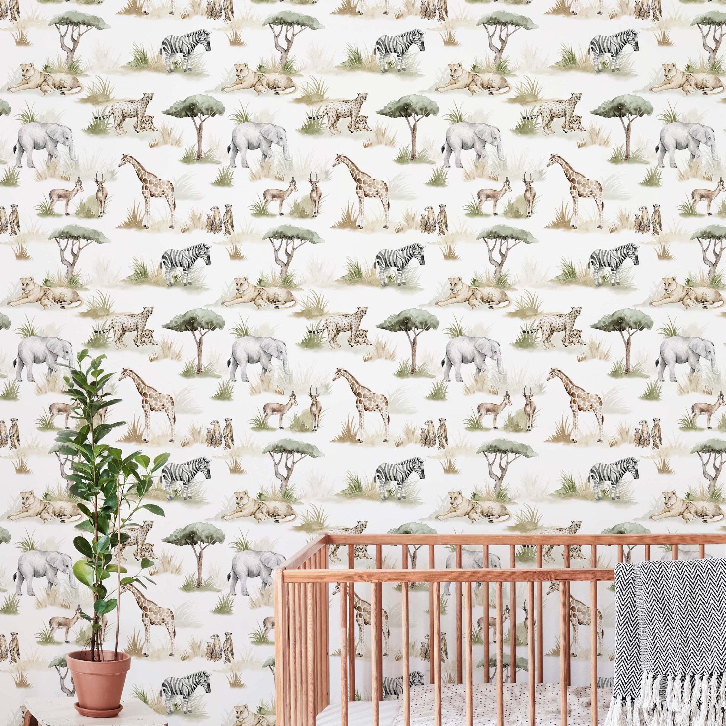 Lionel Safari Wallpaper in Green and Brown Whimsical Nursery