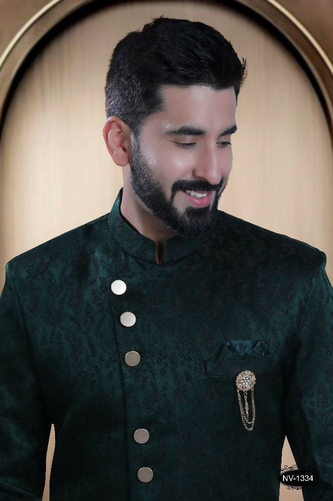 Boys Green Satin Indo-Western Kurta and Pyjama Set