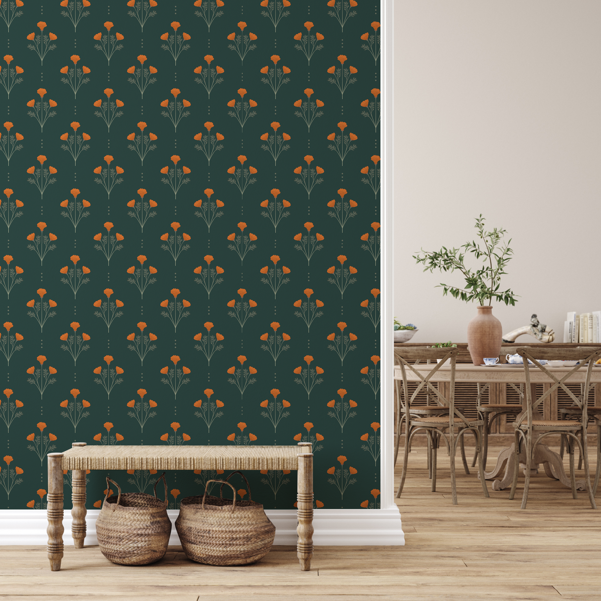 Liv Floral Removable Wallpaper in Orange, Green, and Cream