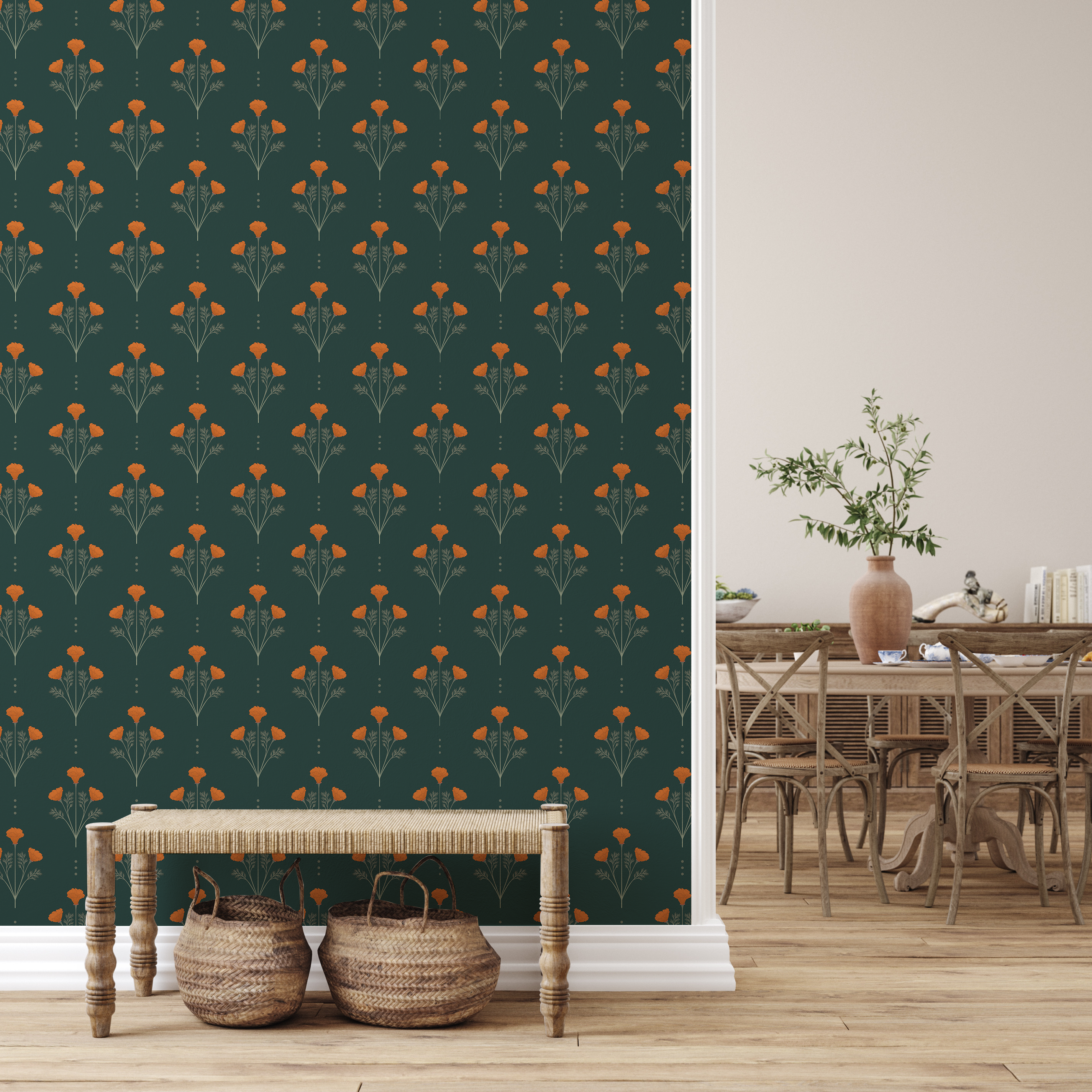 Liv Floral Removable Wallpaper in Orange, Green, and Cream