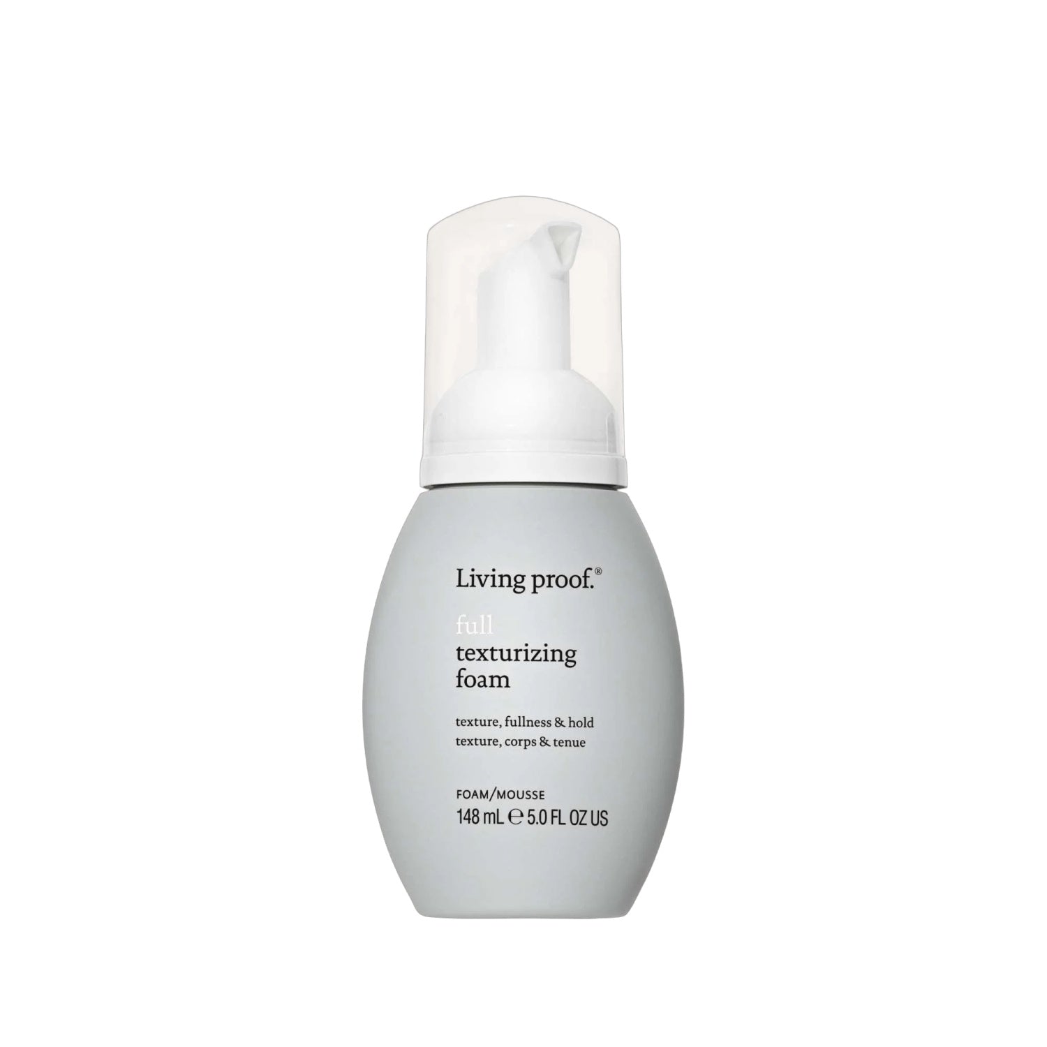 Grey and white canister of Living Proof Full Texturizing Foam, 5.0 FL OZ.