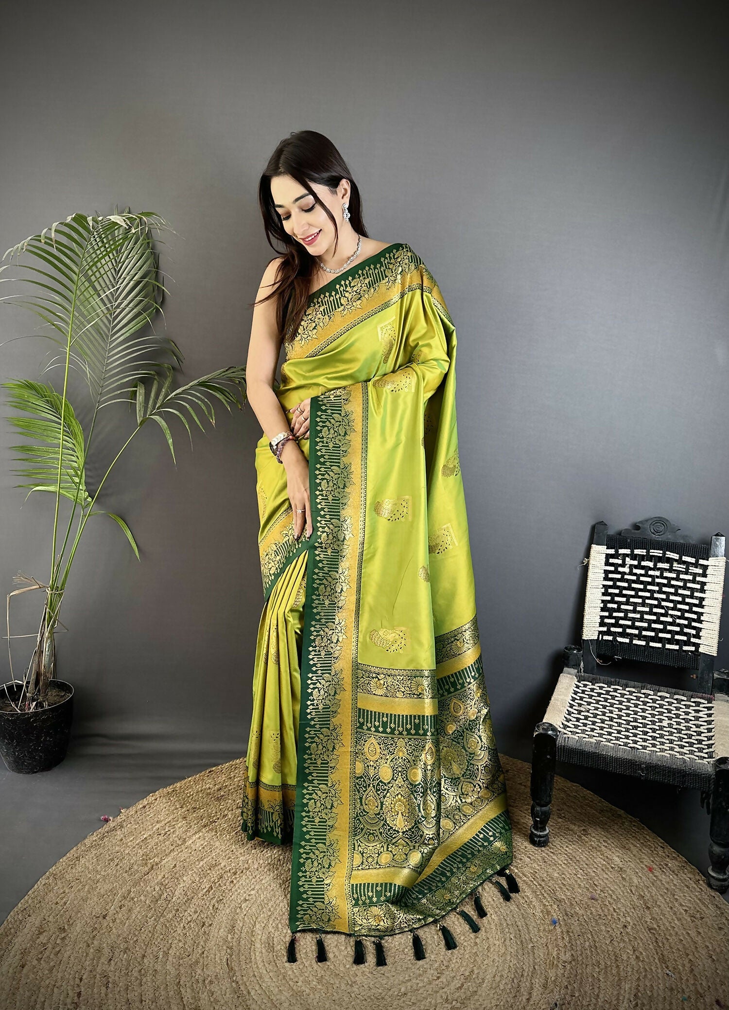 Joban Fashion Light Green Banarasi Soft Silk Peacock Butta Work Saree