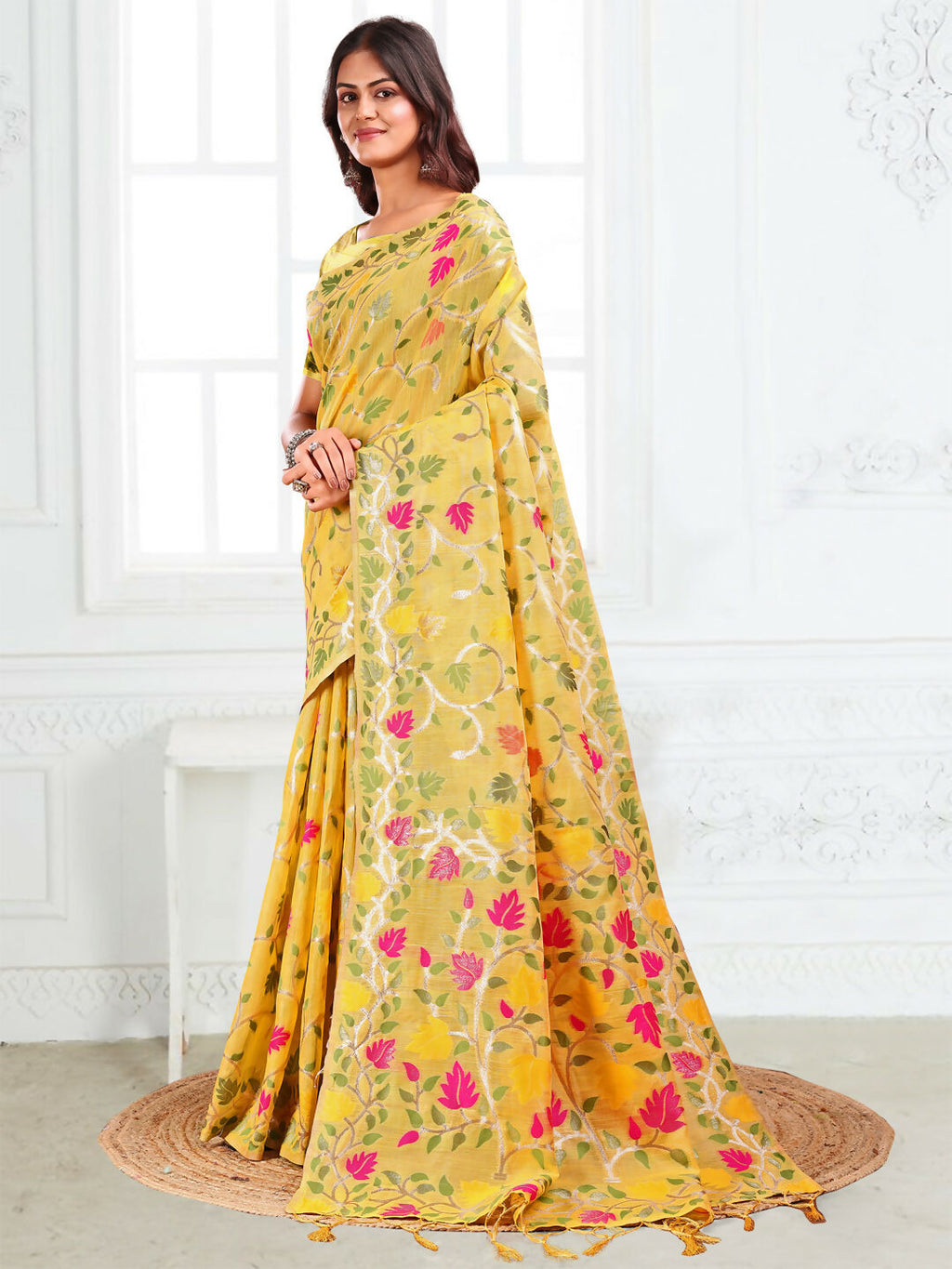 Shree Shyam Fashion Linen Cotton Yellow Saree