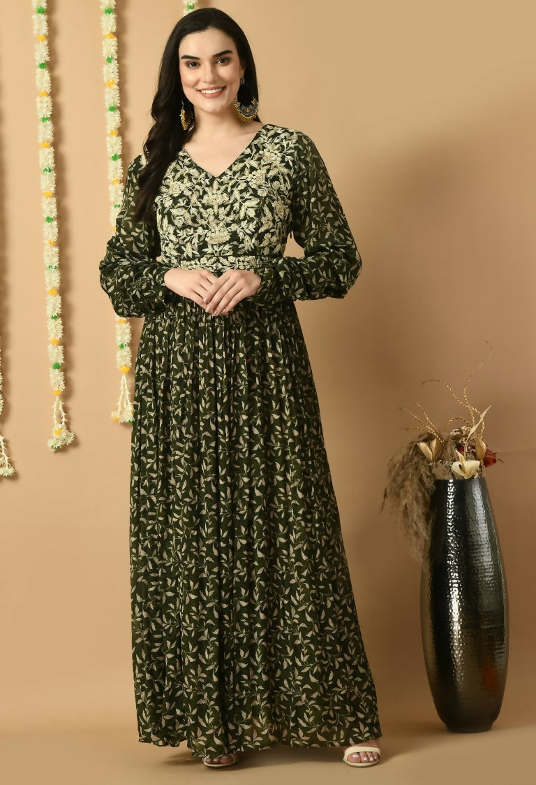 Woman wearing a vibrant green Chinnon kurta set, 2-piece ethnic outfit.