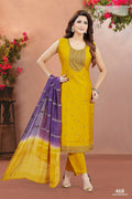 Yellow soft silk round neck kurta set with intricate embroidery and matching bottoms