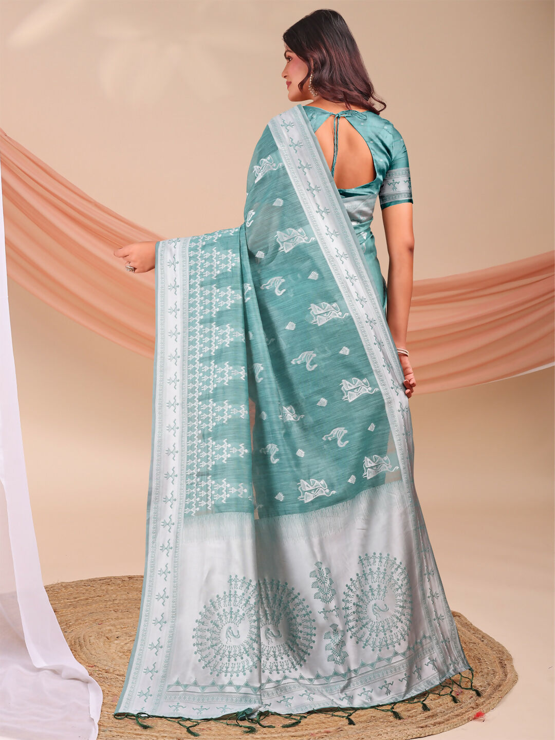 Varnika Sea Green Linen Cotton Saree with Matching Blouse Piece