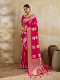 Vibrant magenta silk blend saree with matching fabric for a blouse
