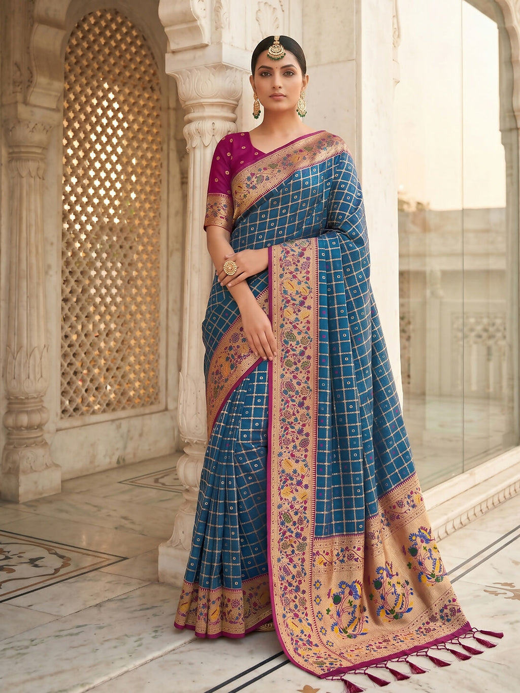 Traditional blue Banarasi silk blend saree with matching blouse