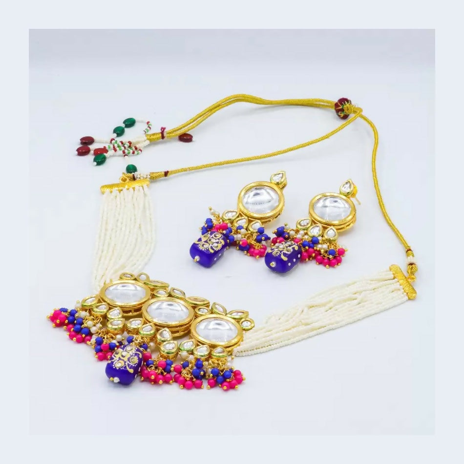 Gold-plated multicolor Kundan necklace set by Dista