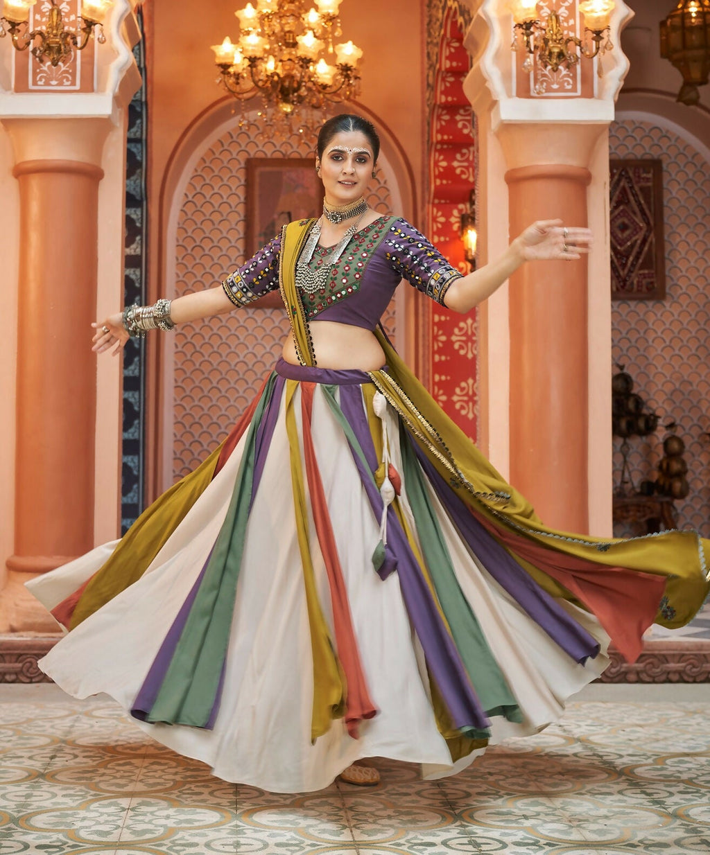 Multi-colored viscose rayon Navratri lehenga with purple blouse and floral dupatta