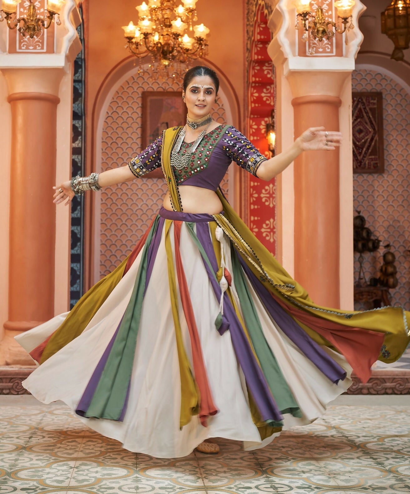 Multi-colored viscose rayon Navratri lehenga with purple blouse and floral dupatta