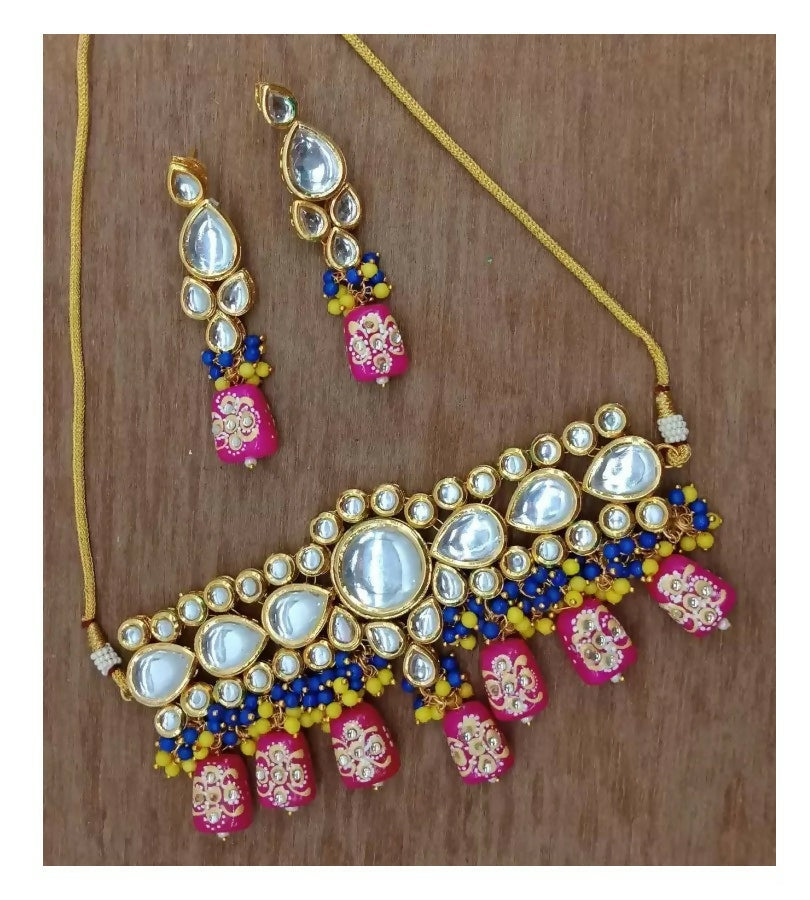 Traditional Indian Kundan necklace set in multicolor with gold plating