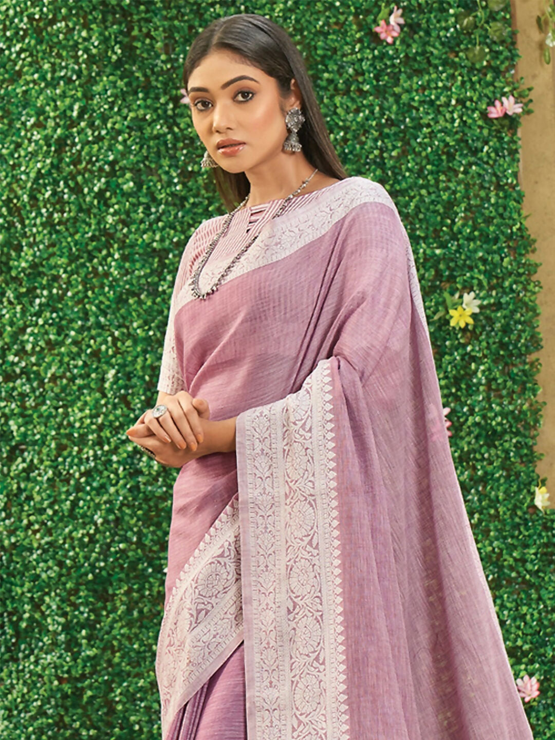 Onion Pink Linen Saree with Matching Blouse