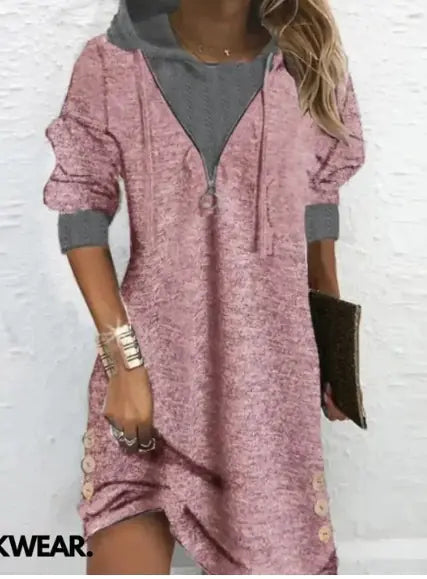 Women's Hooded Long Sleeve Patchwork Dress with Side Buttons - Image 16