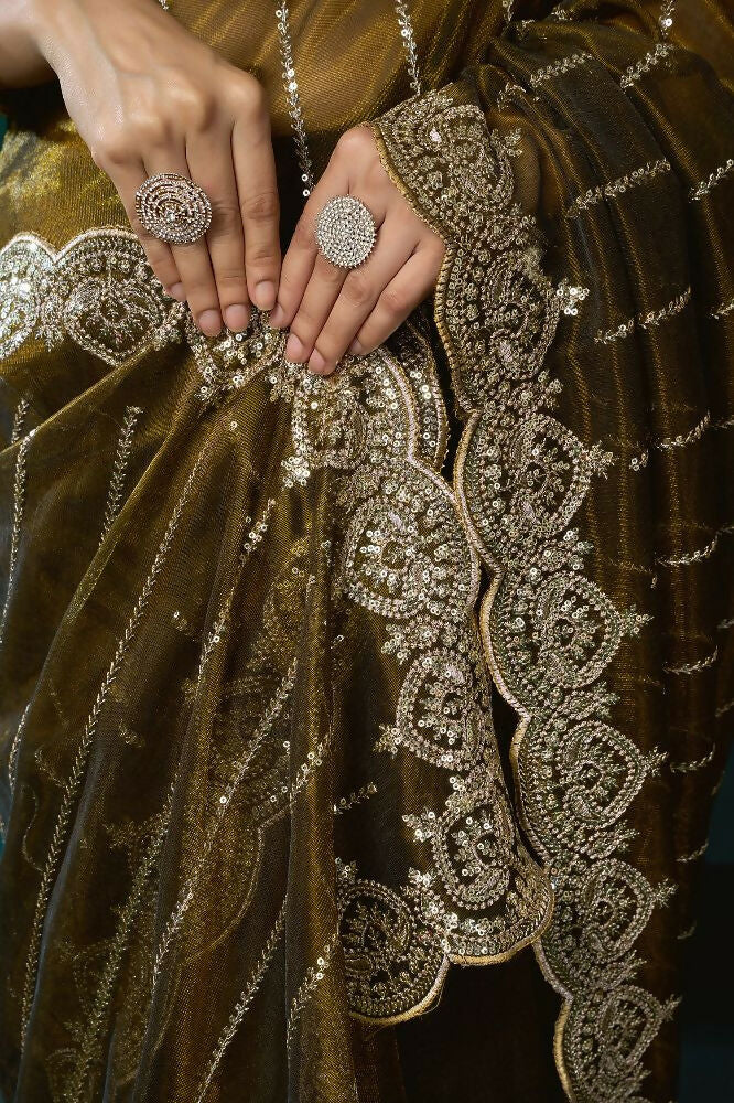Mehendi Green Net Party Wear Saree with Velvet Blouse