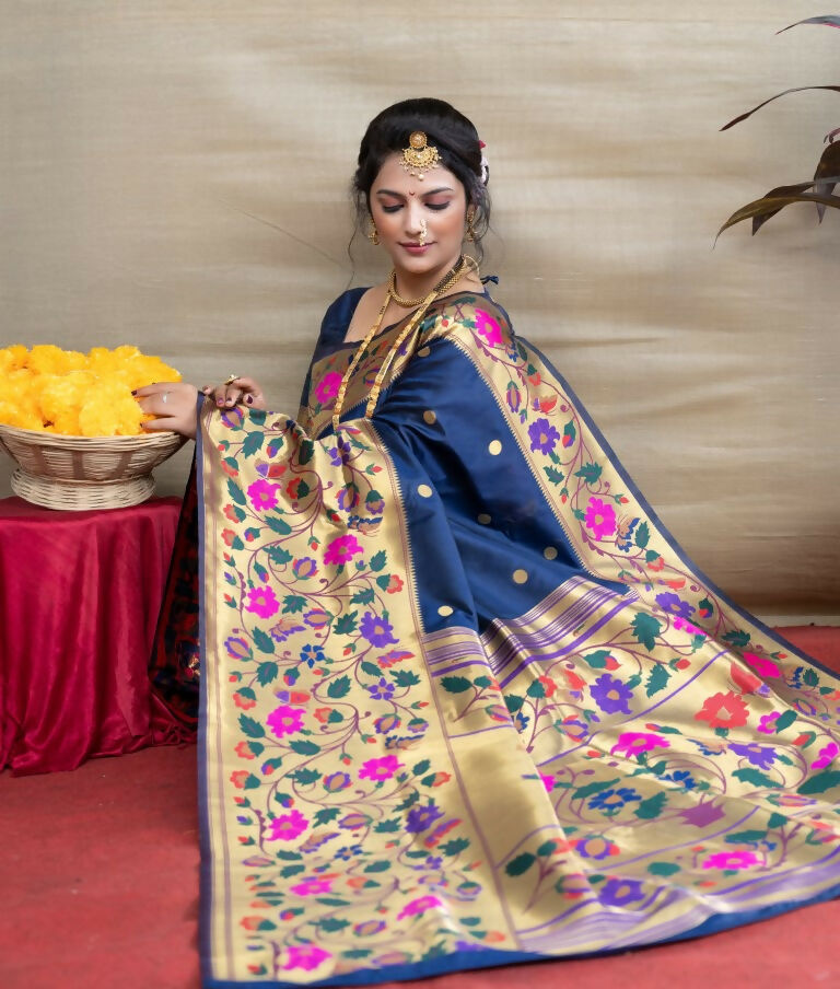 Navy Blue Paithani Silk Saree with Zari Woven Border and Blouse