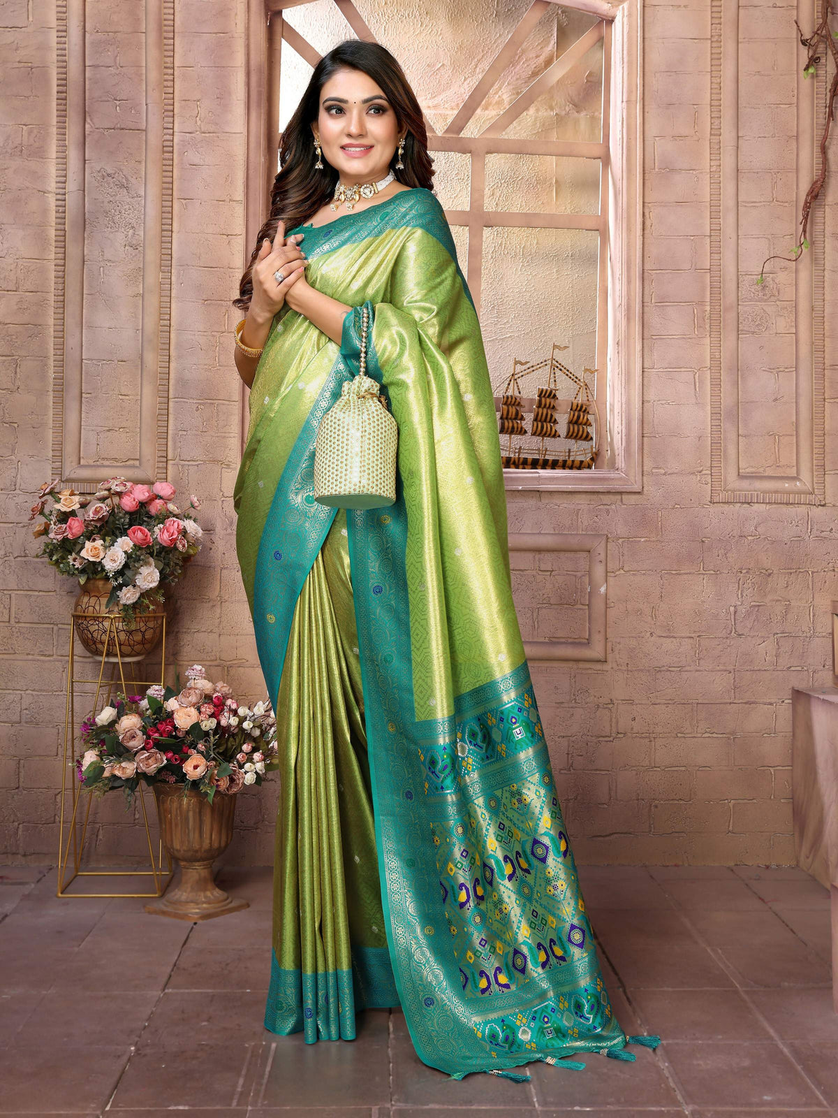 Pista Banarasi Tissue Silk Weaving Saree with Sea Green Blouse