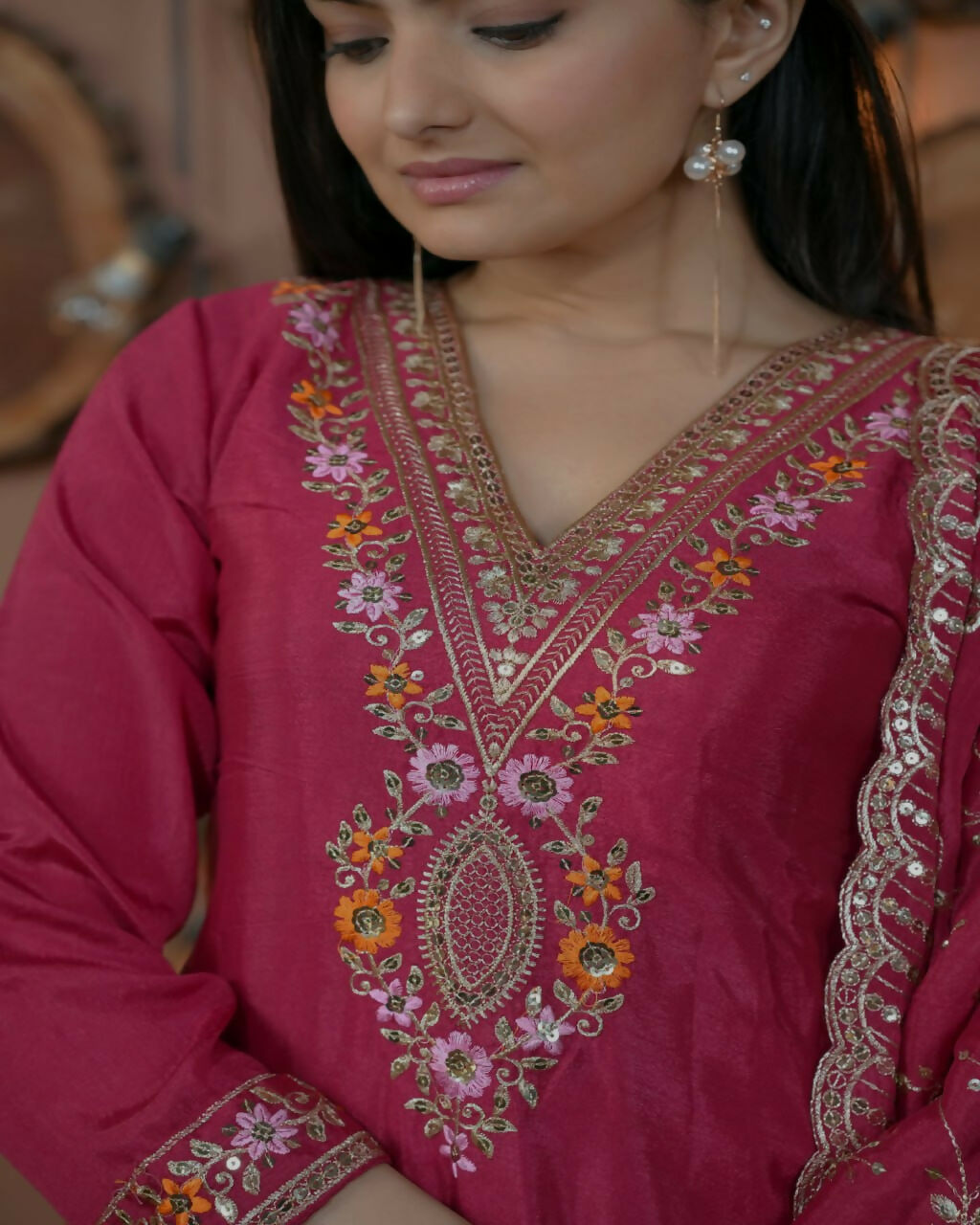 Pink Silk Embroidered Kurti Set with Stitched Design