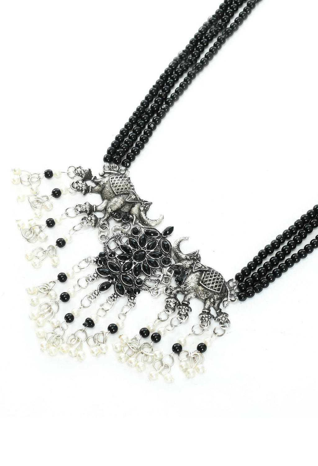 Elephant Design Oxidised Silver-Plated Long Choker (Black)