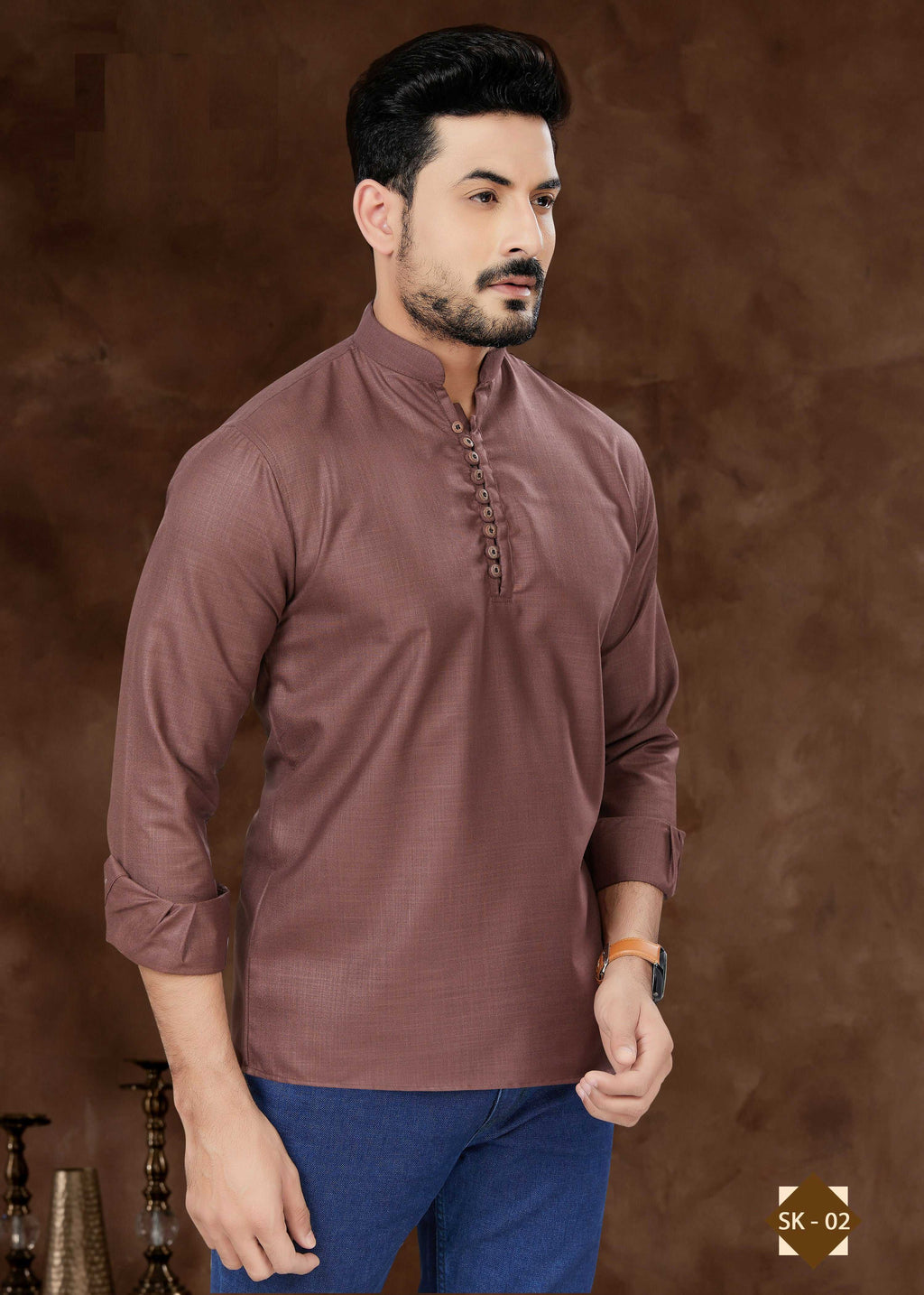 Men's Brown Plain Short Kurta in Pure Cotton - Everyday Ethnic Wear