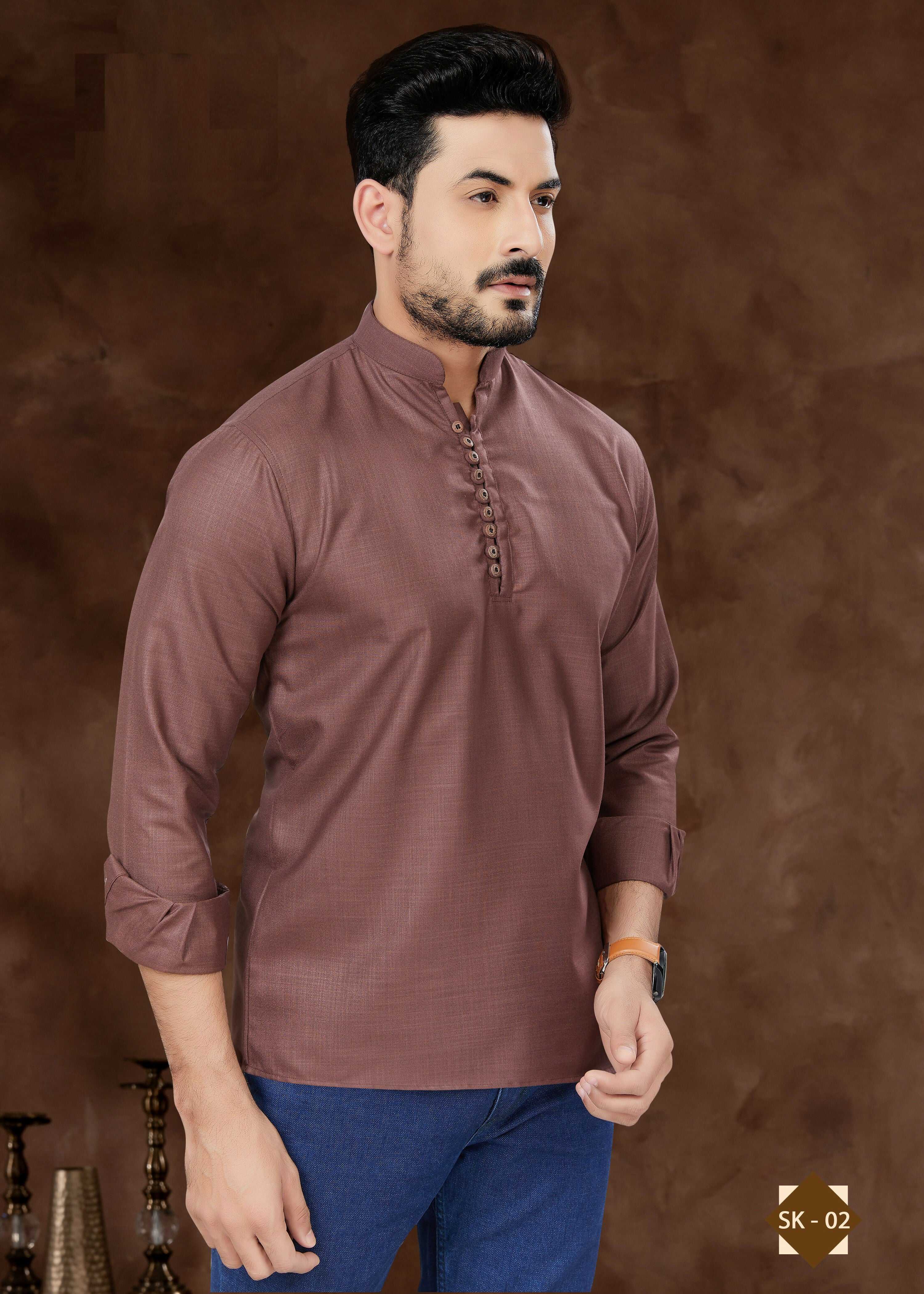 Men's Brown Plain Short Kurta in Pure Cotton - Everyday Ethnic Wear