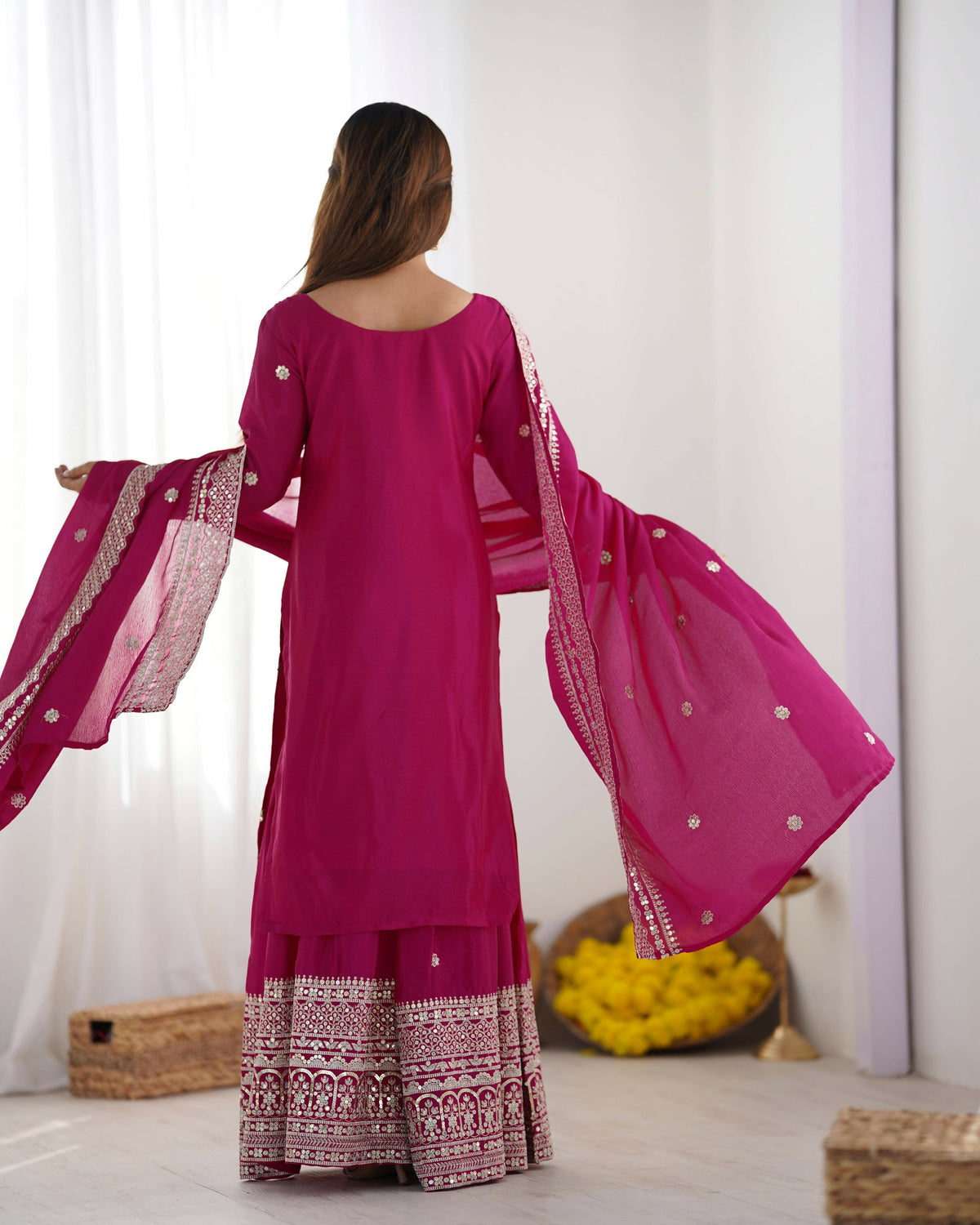 Pink Silk Kurta Set with Sequins, Zari, and Thread Embroidery