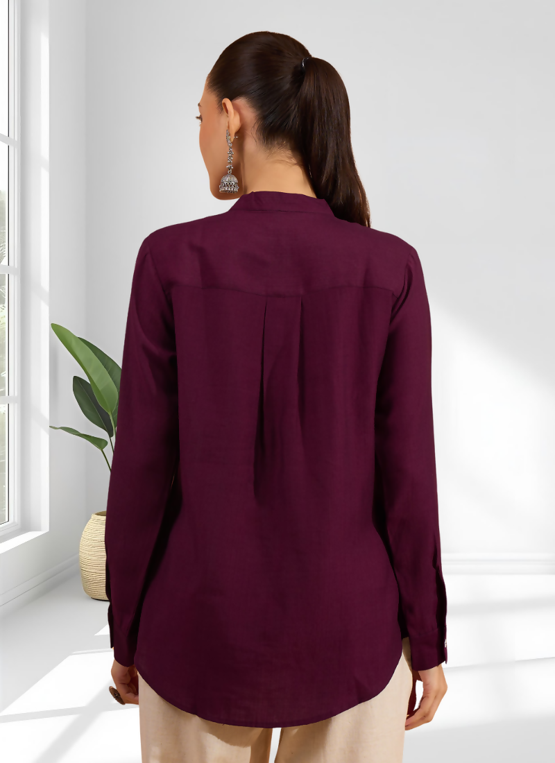 Wine Silk Embroidered Readymade Tunic with Mandarin Collar