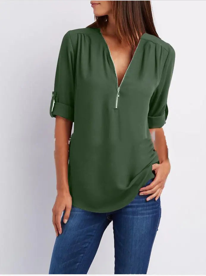 Women's Plus Size V-Neck Zip Chiffon Shirt