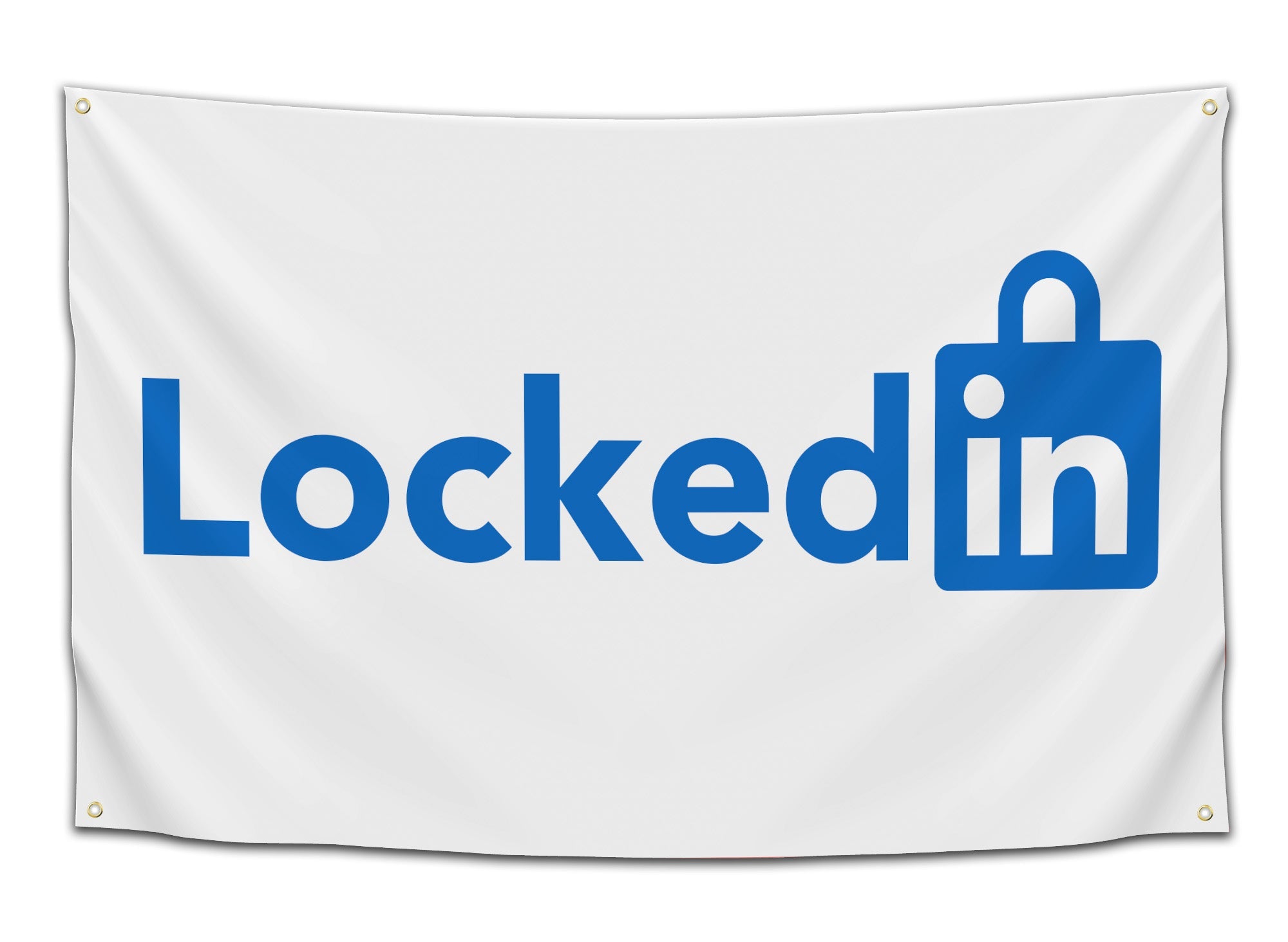 LockedIn parody flag with professional blue and white branding for wall decoration