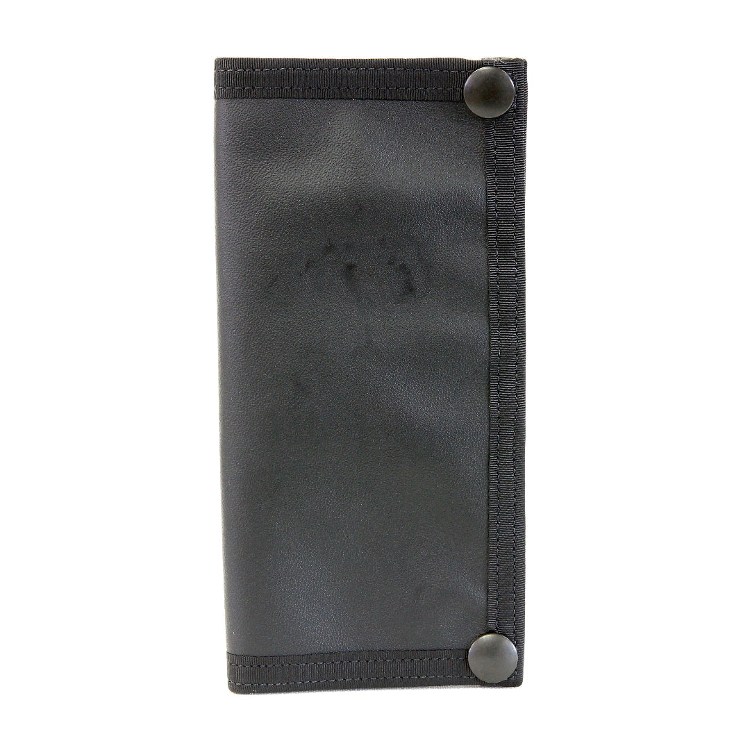 Long Snap Wallet in black and high-visibility yellow made from rugged, decommissioned fire hose material