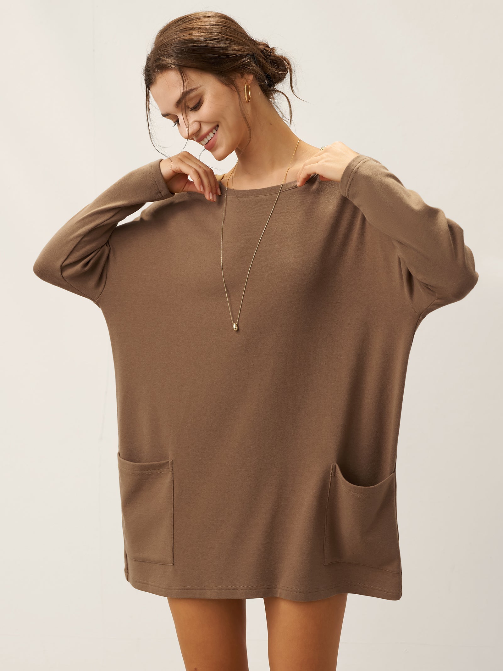 Lenzing Tencel Modal® Long Drop Shoulder Stretch Pullover Top with Patch Pockets
