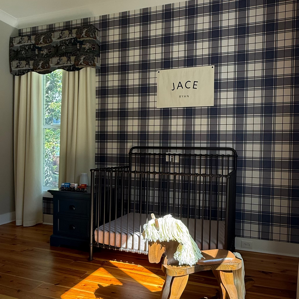 Classic plaid wallpaper in slate-blue, cream, and dark-maroon